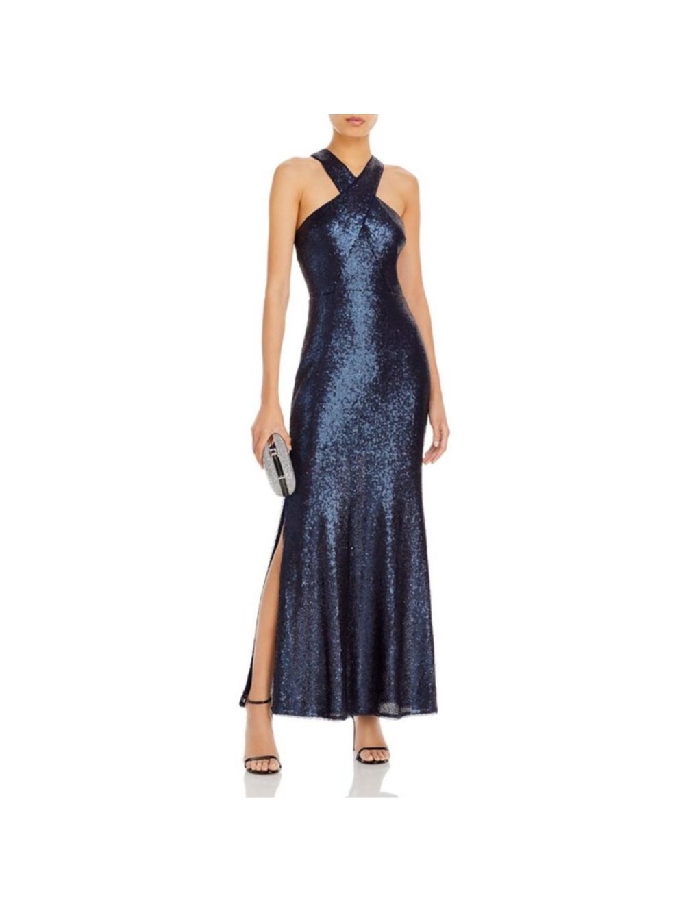 NWT Aqua formal Navy Cross‑Neck Sequin Maxi Gown